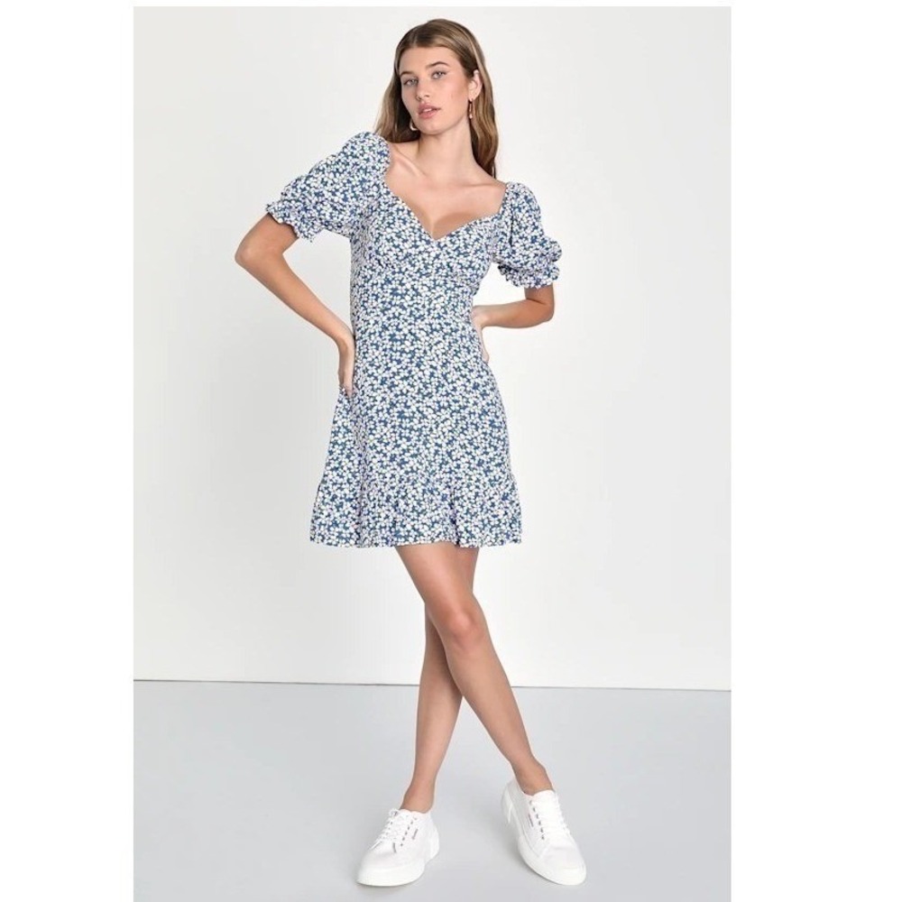 LULUS Grateful Feelings Blue Floral Print Puff Sleeve Mini Dress sweetheart XL